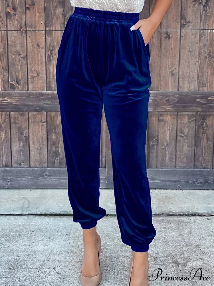 Velvet Velour Casual Green Loose Elastic Pants