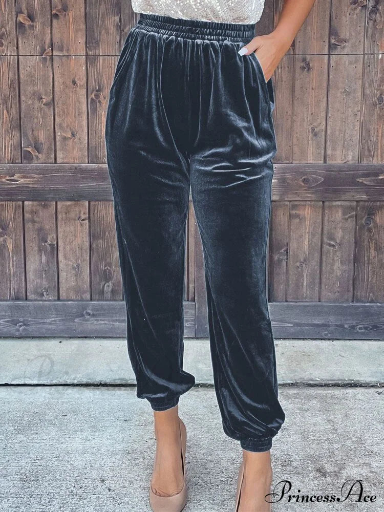 Velvet Velour Casual Green Loose Elastic Pants