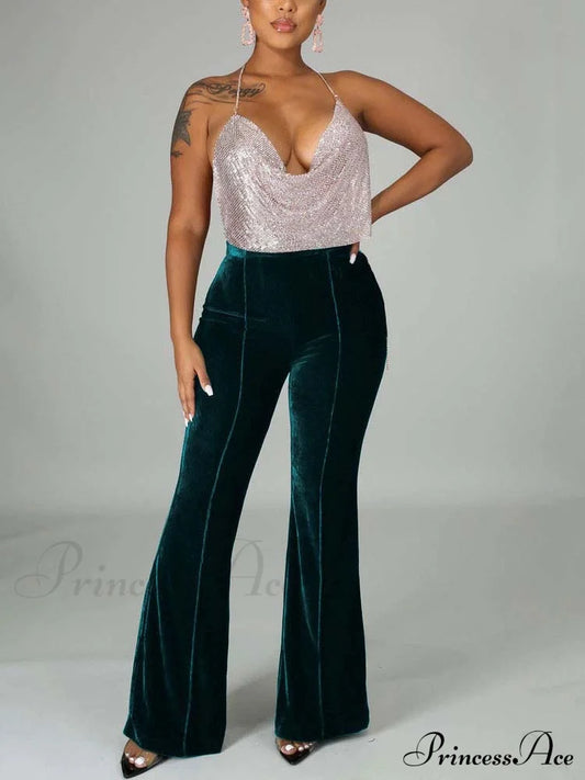 Velvet Velour Flared Bell Bottoms High Waist Pants