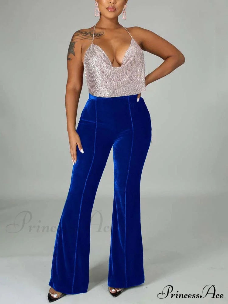 Velvet Velour Flared Bell Bottoms High Waist Pants