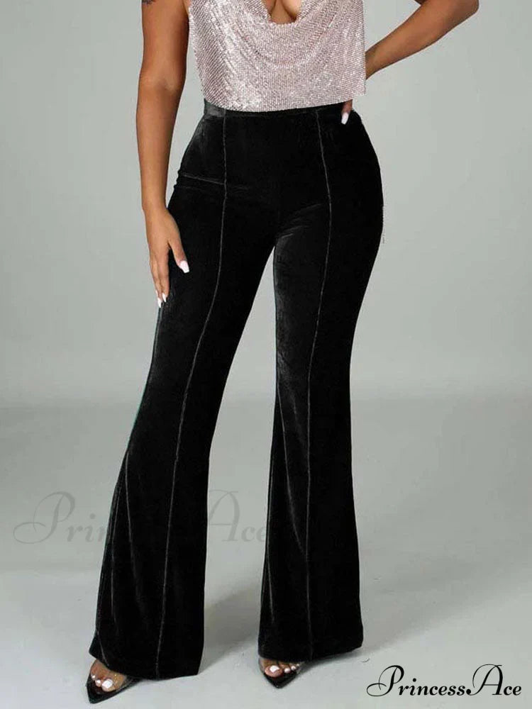 Velvet Velour Flared Bell Bottoms High Waist Pants