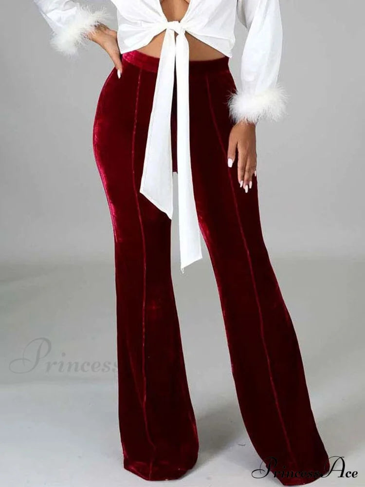 Velvet Velour Flared Bell Bottoms High Waist Pants