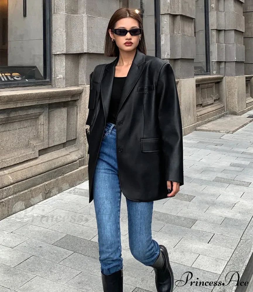 Vintage Black High Quality Leather Loose Biker Casual Long Sleeve Pocket Oversized Blazer