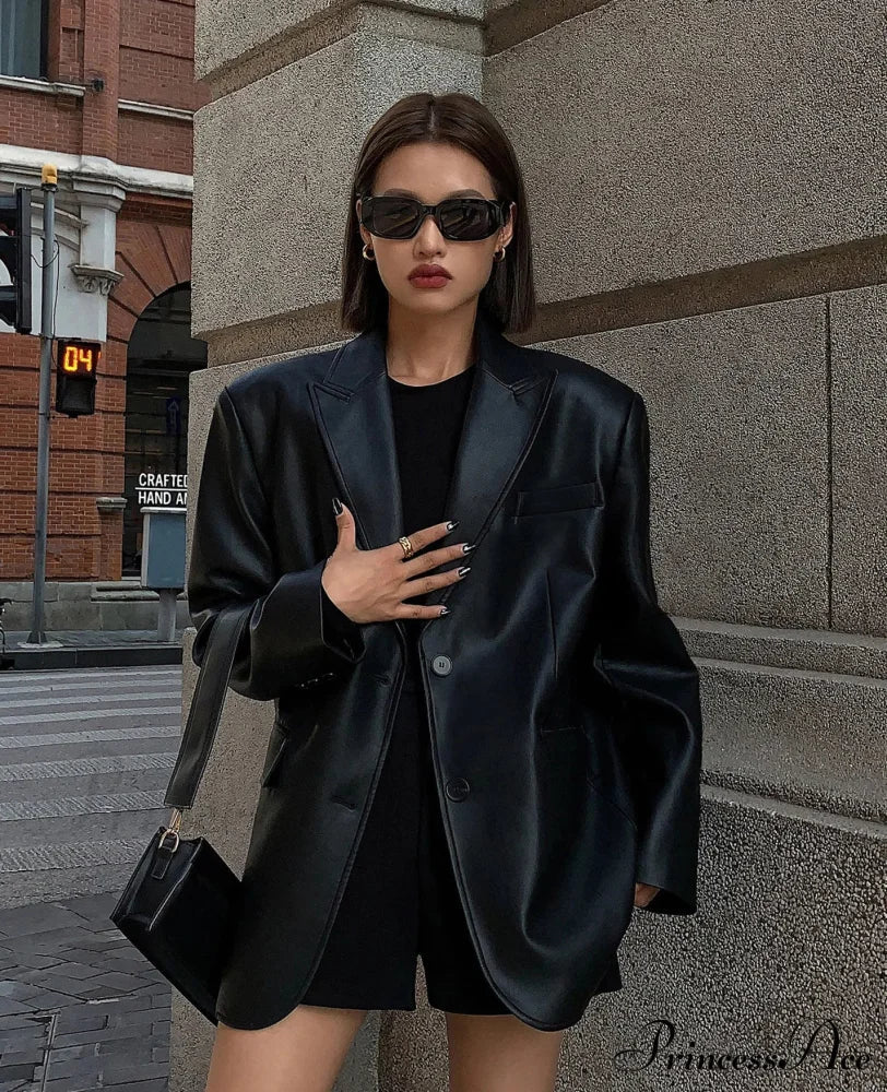 Vintage Black High Quality Leather Loose Biker Casual Long Sleeve Pocket Oversized Blazer