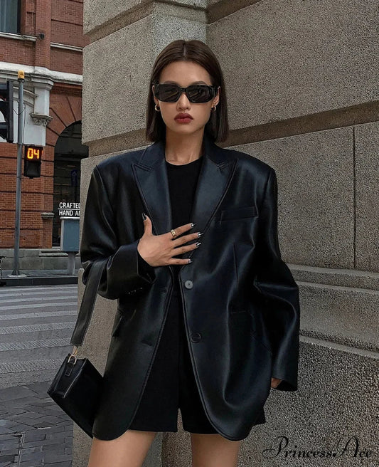 Vintage Black High Quality Leather Loose Biker Casual Long Sleeve Pocket Oversized Blazer
