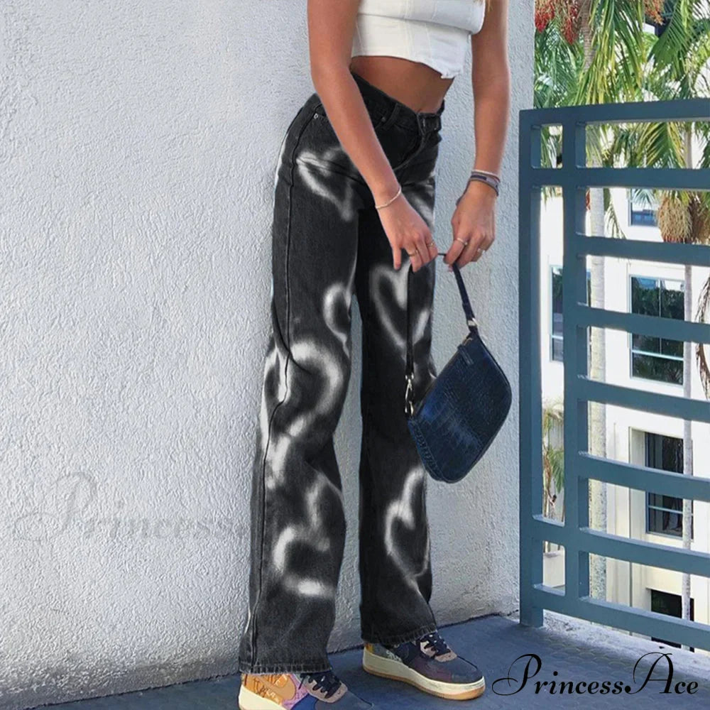 Vintage Blue Heart Printed Baggy Jeans