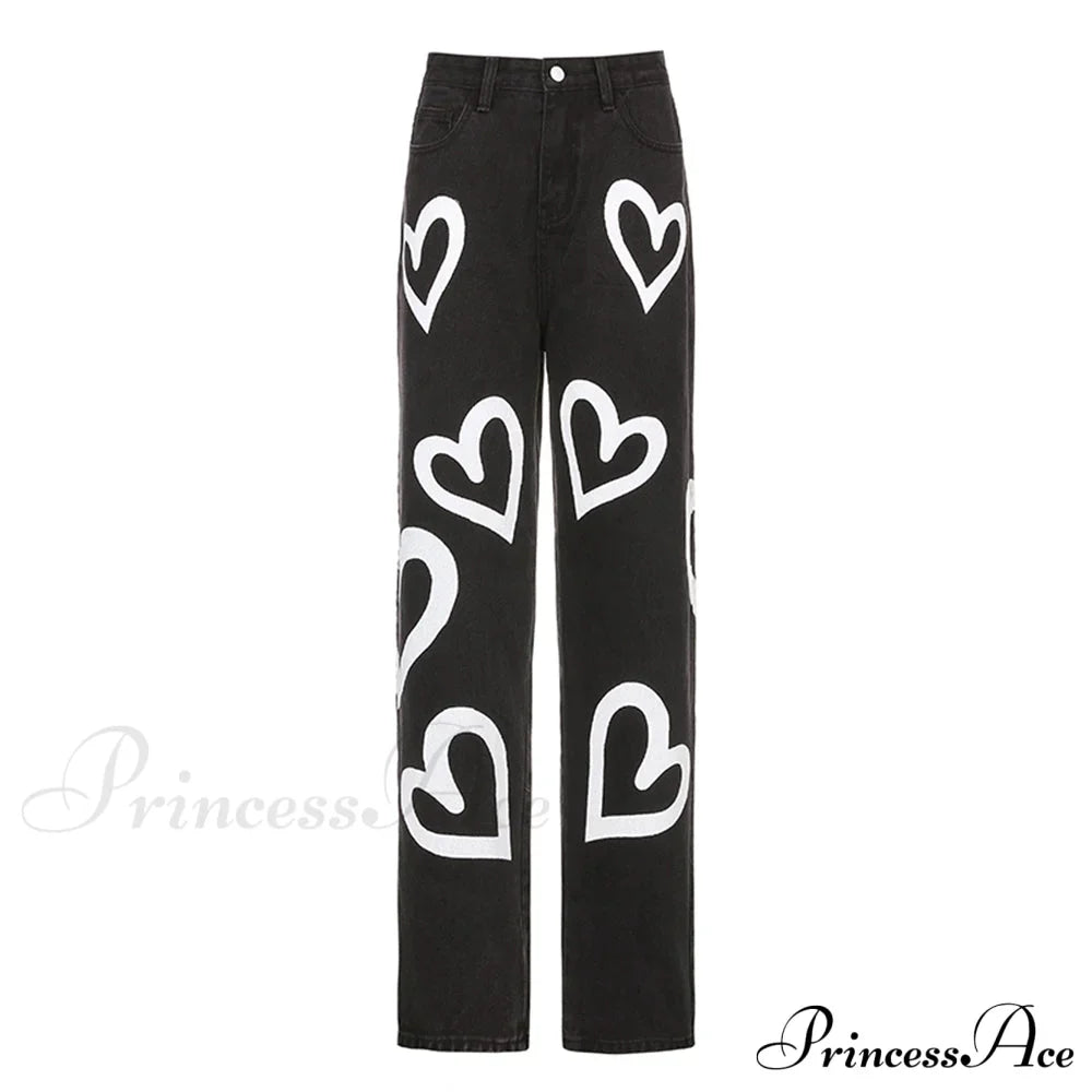 Vintage Blue Heart Printed Baggy Jeans