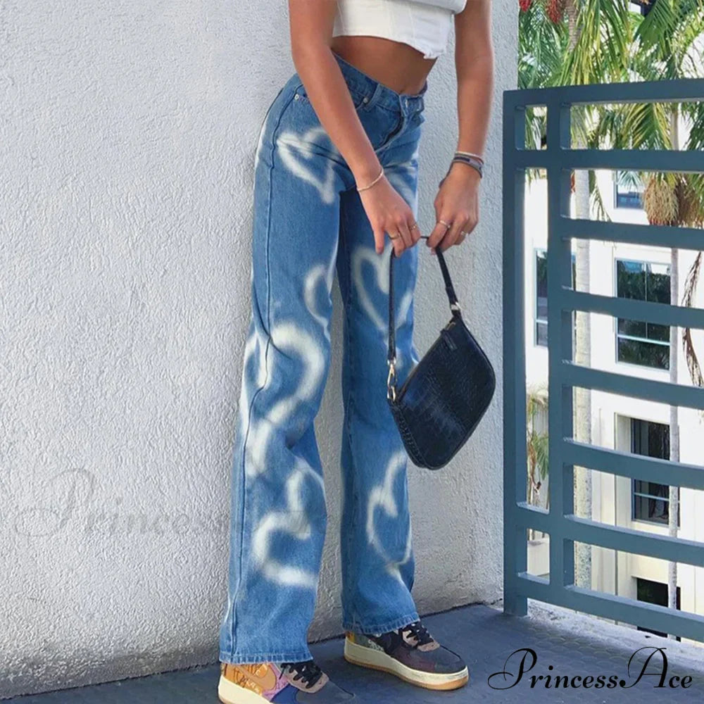 Vintage Blue Heart Printed Baggy Jeans