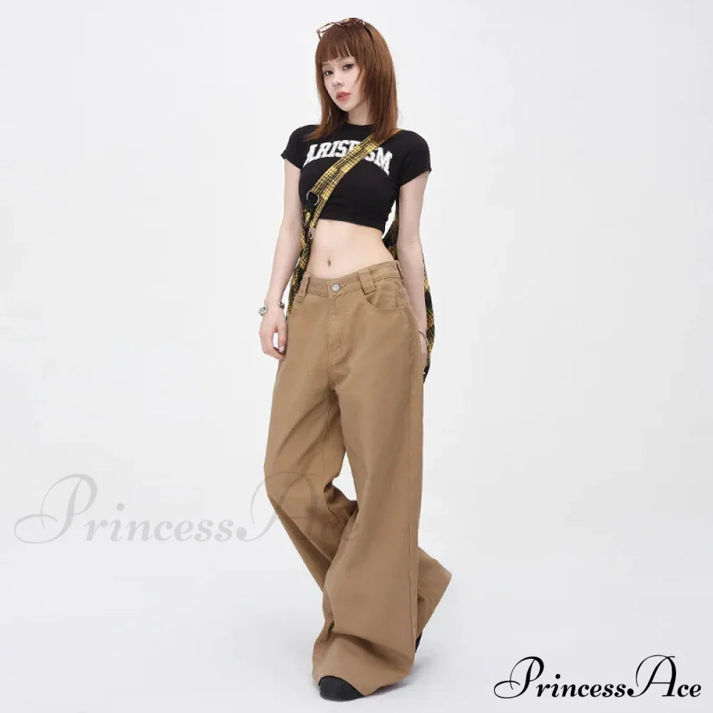 Vintage Brown Loose Wide Leg Mid-waist Women Elegant Chic Jeans