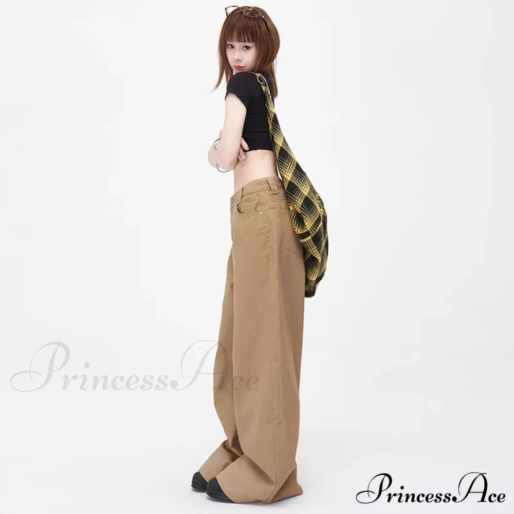 Vintage Brown Loose Wide Leg Mid-waist Women Elegant Chic Jeans