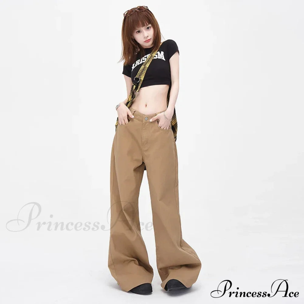 Vintage Brown Loose Wide Leg Mid-waist Women Elegant Chic Jeans