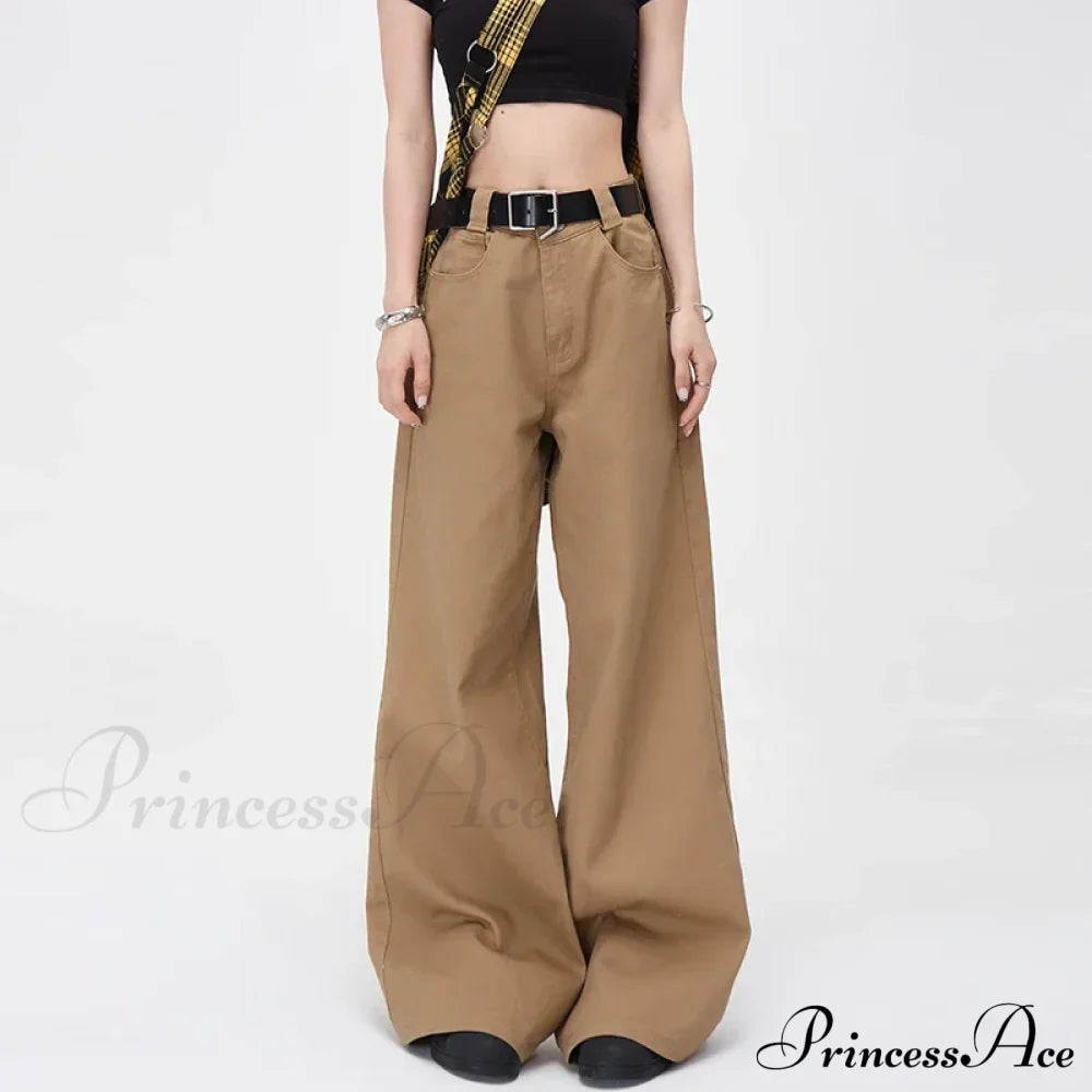 Vintage Brown Loose Wide Leg Mid-waist Women Elegant Chic Jeans