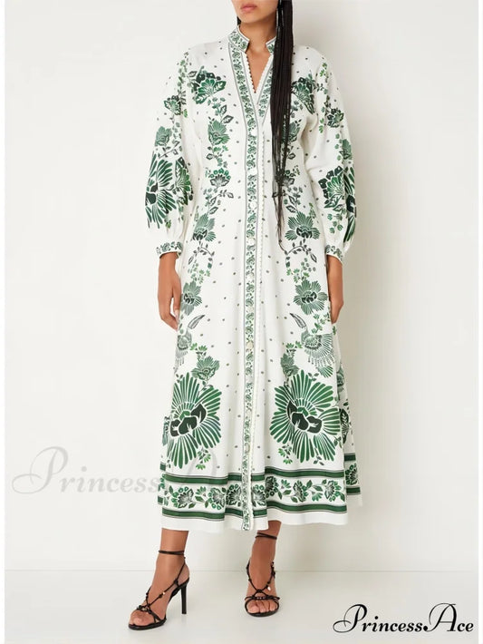 Vintage Floral Print Lantern Graceful Long Sleeve Midi Dress