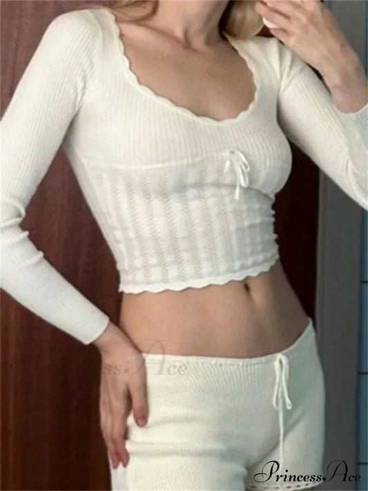 Vintage Knitted Low Cut Round Neck Slim Fit Ribbed  T-shirts