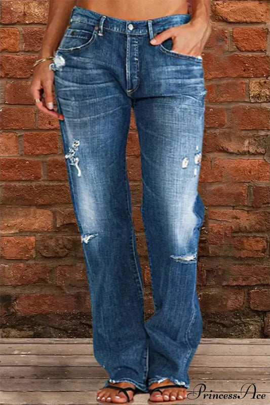 Vintage Middle-Waist Ripped Straight Blue Wide-Leg Denim Jean