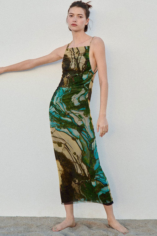 Vintage Square Neck Backless Ruched Mesh Sleeveless Midi Dress - Multicolor